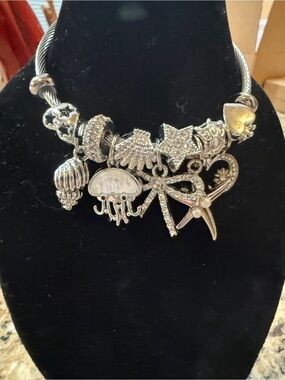 Silver Sea-Life Charm Necklace with Dragonfly and Jellyfish Charms
